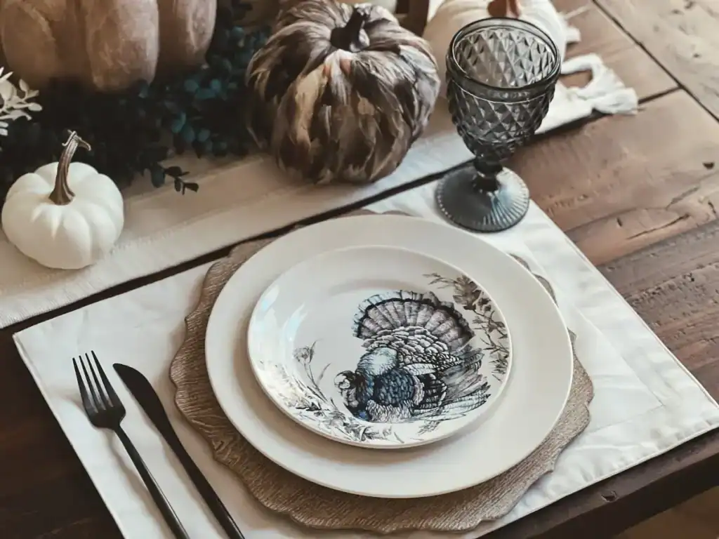 a blue and white turkey plate place setting