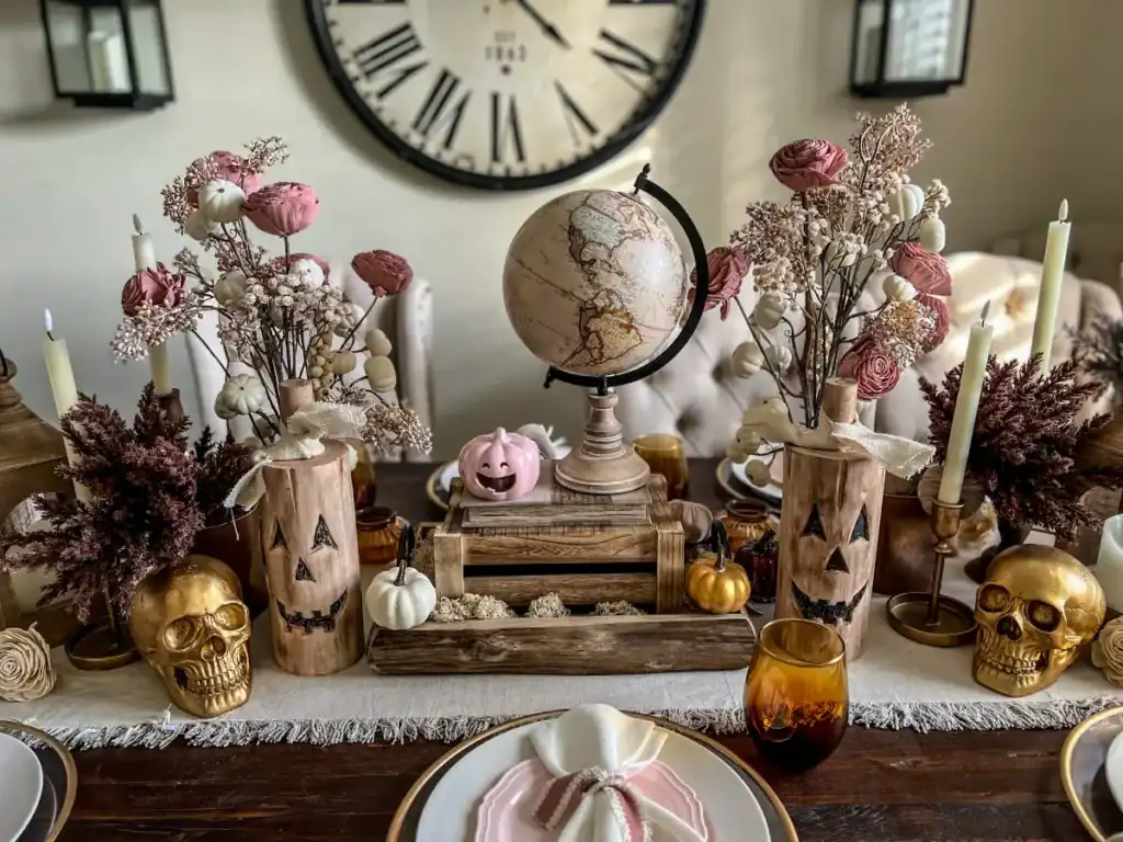 A pink, gold and wood Halloween tablescape
