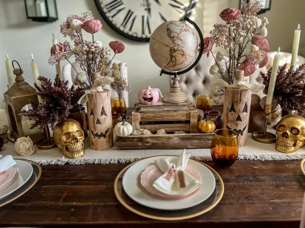 A pink, gold and wood Halloween styled tablescape with a beige globe and wood and gold accents